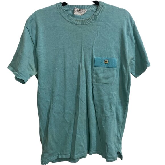 Vintage Salvatore Ferragamo Aqua Short Sleeve Pocket Gold Button Knit Shirt Sz L - Picture 1 of 7